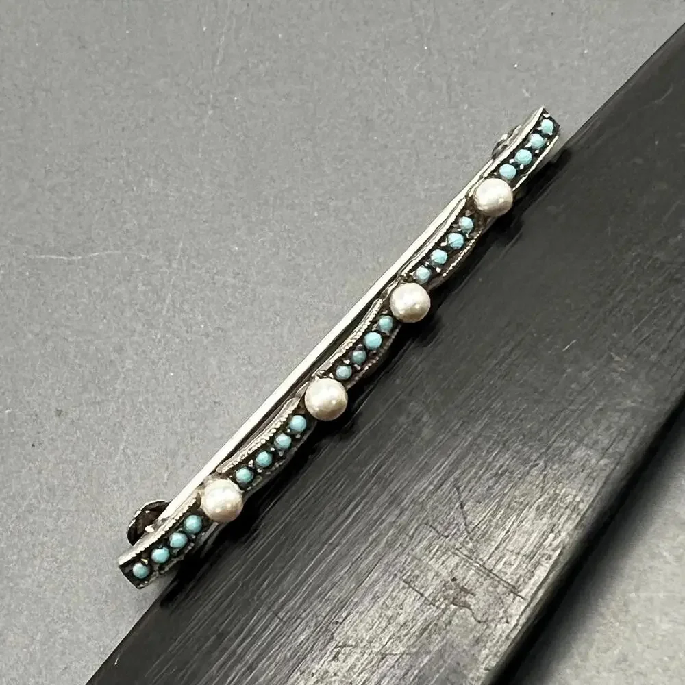 Antique Sterling silver Faux Turquoise and Pearl Bar pin Brooch